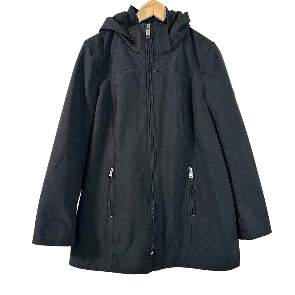 Andrew Marc Womens Black Softshell Jacket Detachable Hood Fleece Lined Size L
